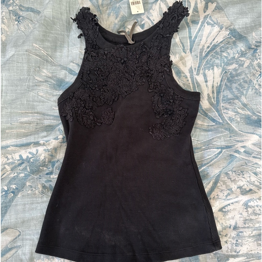 Anthropologie || Black Tank Top || Appliqué Accents